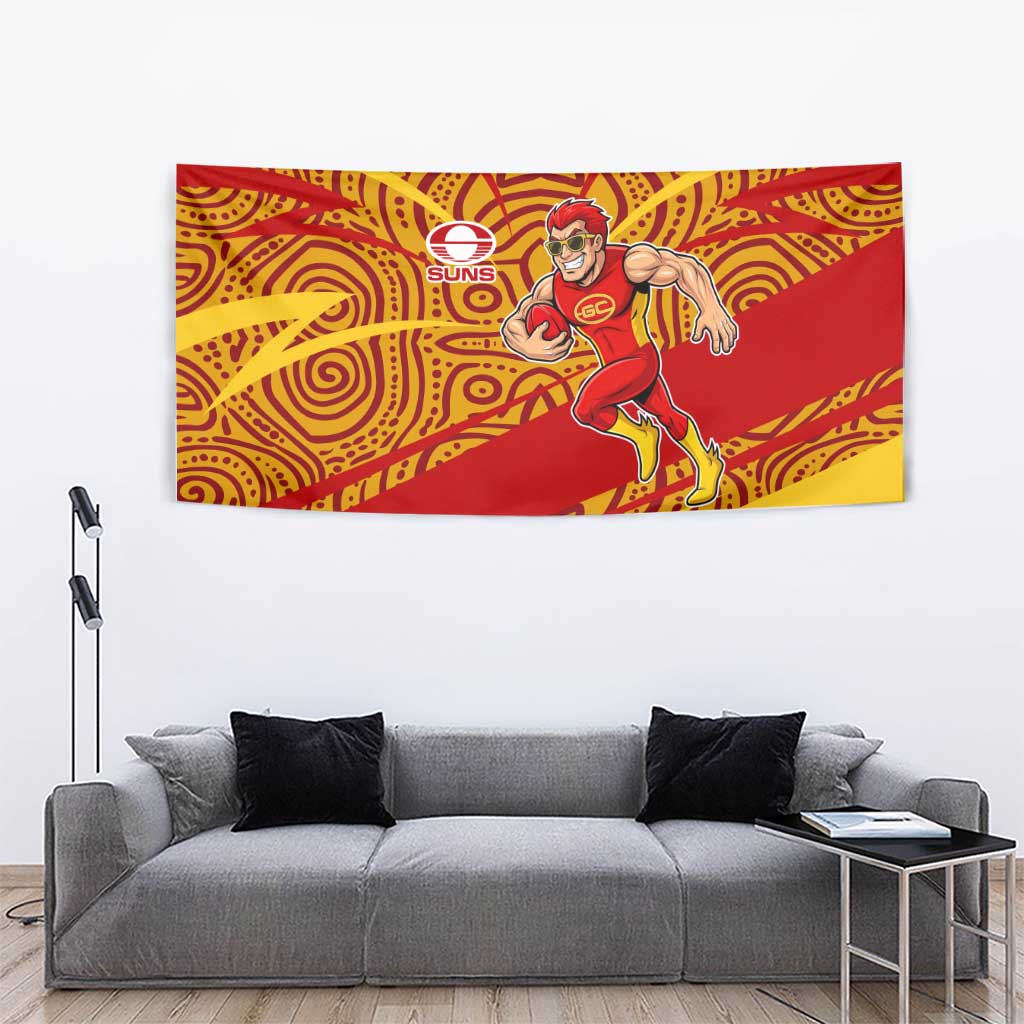 Gold Coast Suns Australian Football Tapestry Sunny Hero Mascot With Indigenous Pattern Art