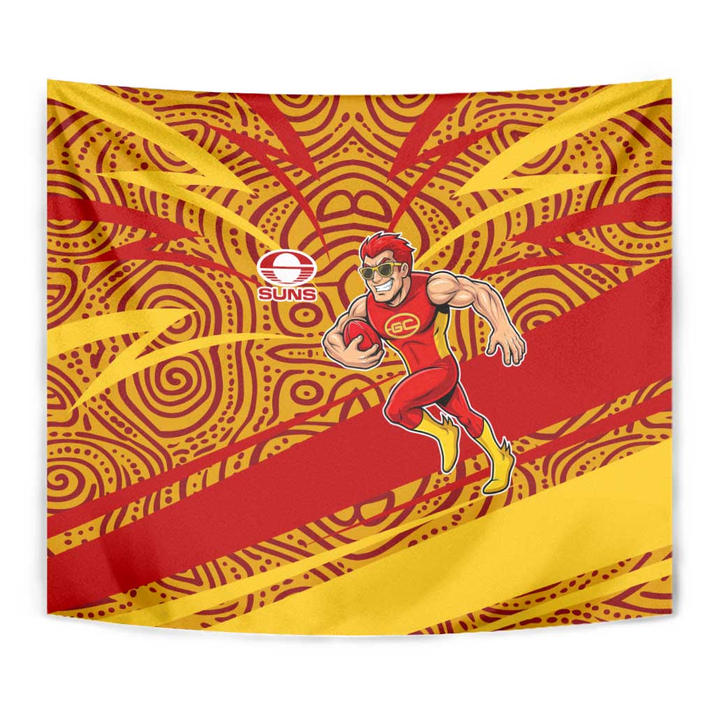 Gold Coast Suns Australian Football Tapestry Sunny Hero Mascot With Indigenous Pattern Art