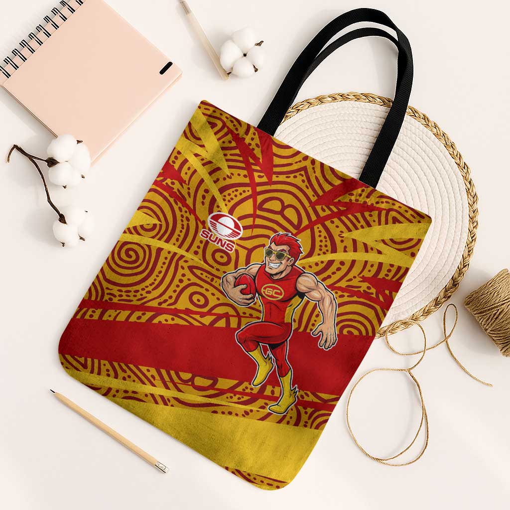 Gold Coast Suns Australian Football Tote Bag Sunny Hero Mascot With Indigenous Pattern Art