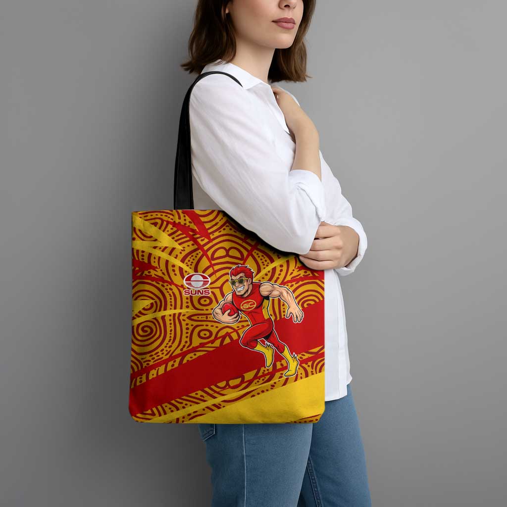 Gold Coast Suns Australian Football Tote Bag Sunny Hero Mascot With Indigenous Pattern Art