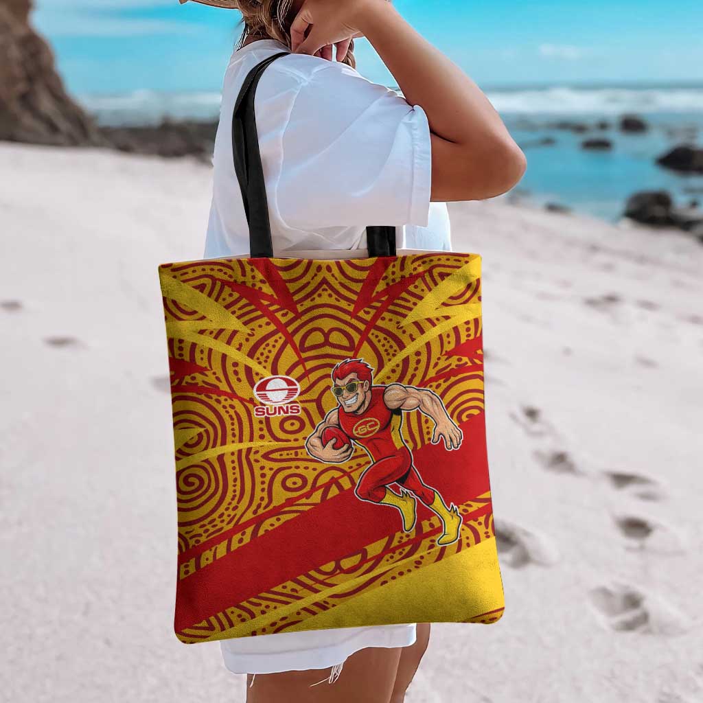 Gold Coast Suns Australian Football Tote Bag Sunny Hero Mascot With Indigenous Pattern Art