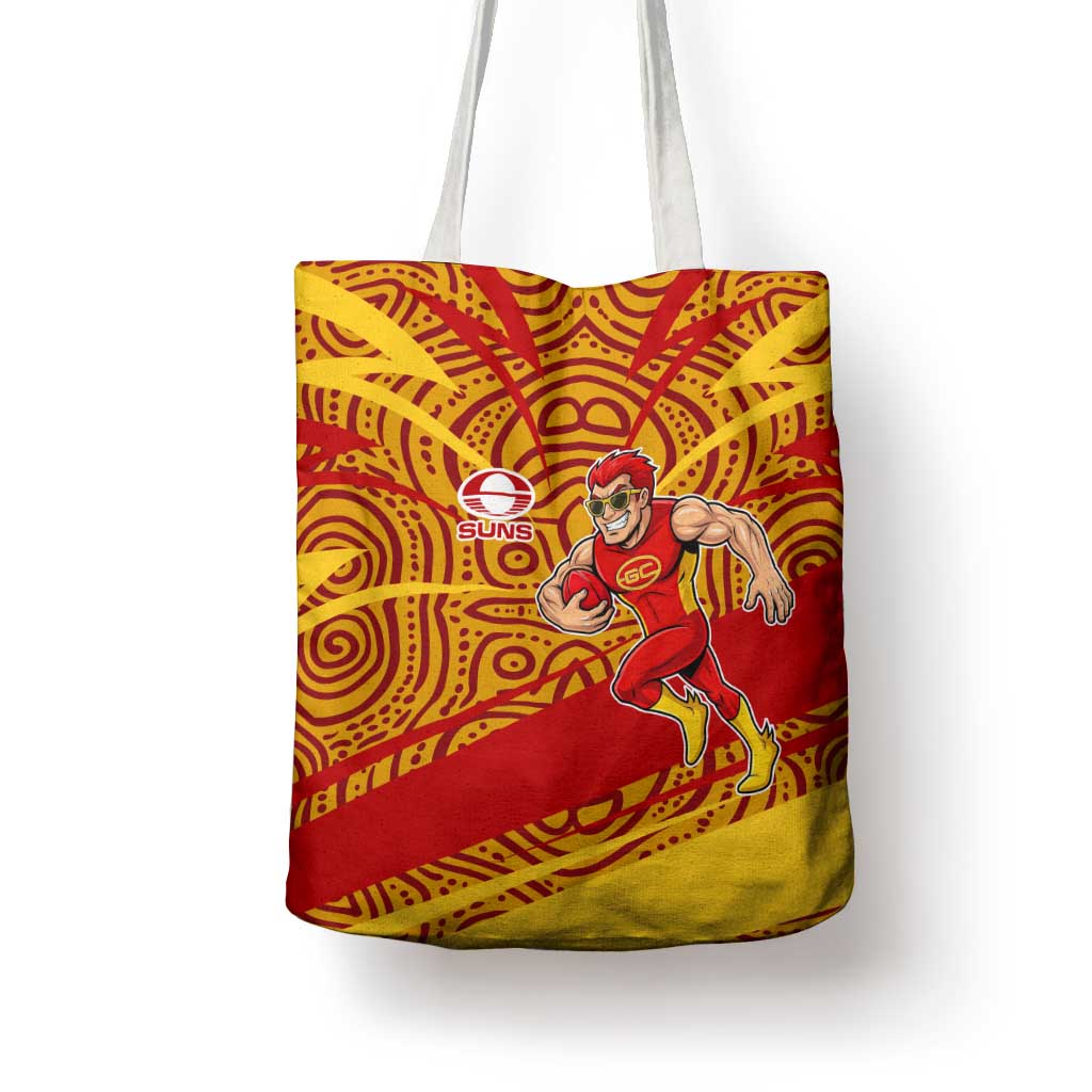 Gold Coast Suns Australian Football Tote Bag Sunny Hero Mascot With Indigenous Pattern Art