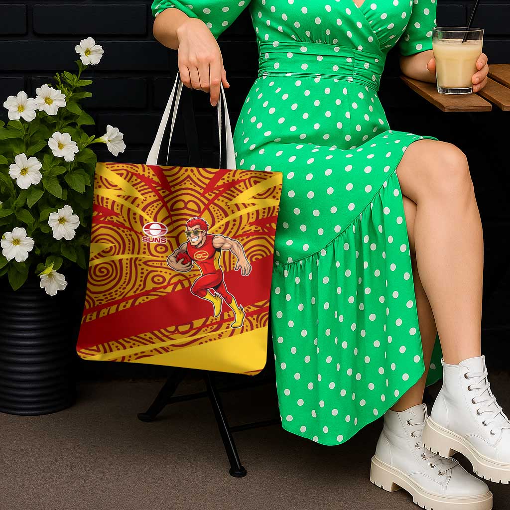 Gold Coast Suns Australian Football Tote Bag Sunny Hero Mascot With Indigenous Pattern Art