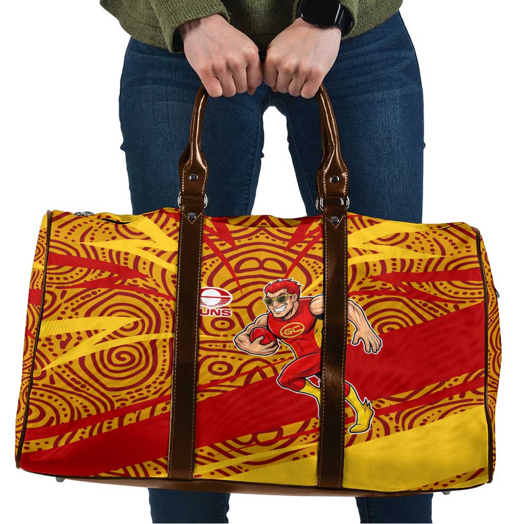 Gold Coast Suns Australian Football Travel Bag Sunny Hero Mascot With Indigenous Pattern Art