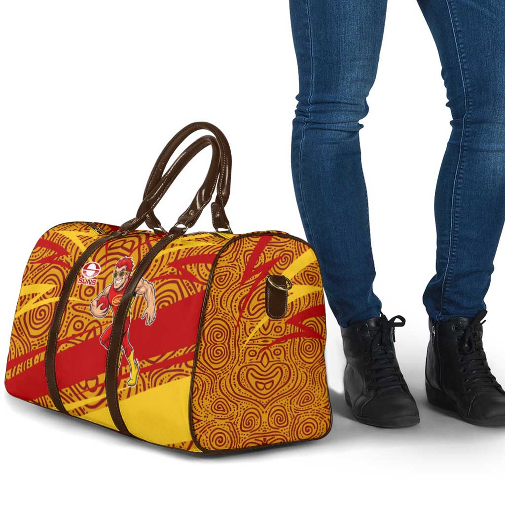 Gold Coast Suns Australian Football Travel Bag Sunny Hero Mascot With Indigenous Pattern Art