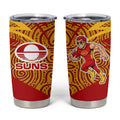 Gold Coast Suns Australian Football Tumbler Cup Sunny Hero Mascot With Indigenous Pattern Art
