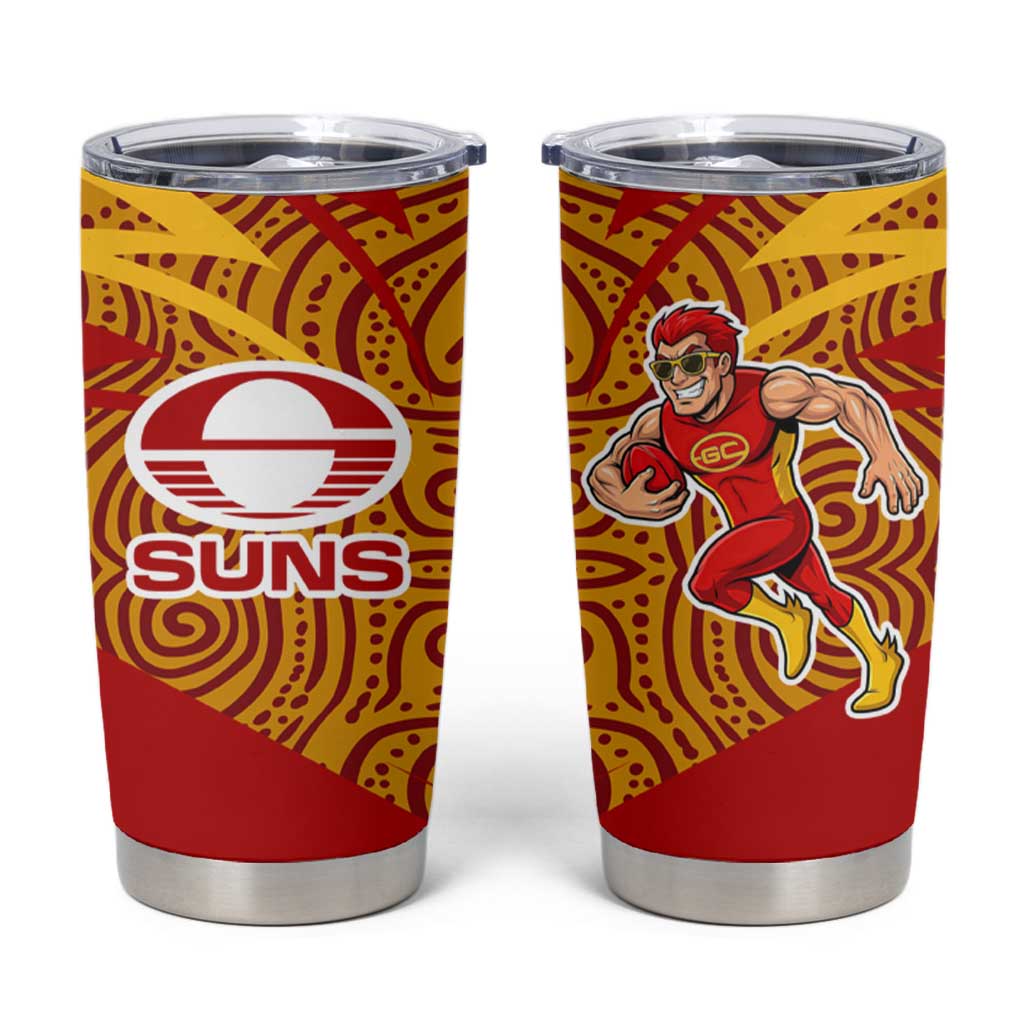Gold Coast Suns Australian Football Tumbler Cup Sunny Hero Mascot With Indigenous Pattern Art