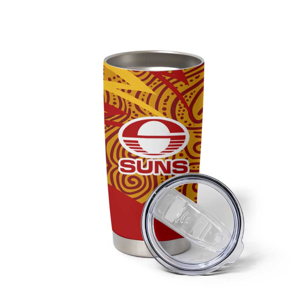 Gold Coast Suns Australian Football Tumbler Cup Sunny Hero Mascot With Indigenous Pattern Art