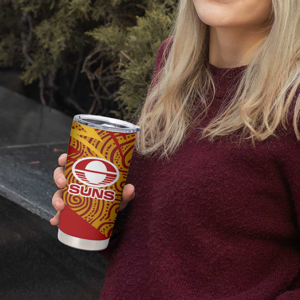 Gold Coast Suns Australian Football Tumbler Cup Sunny Hero Mascot With Indigenous Pattern Art