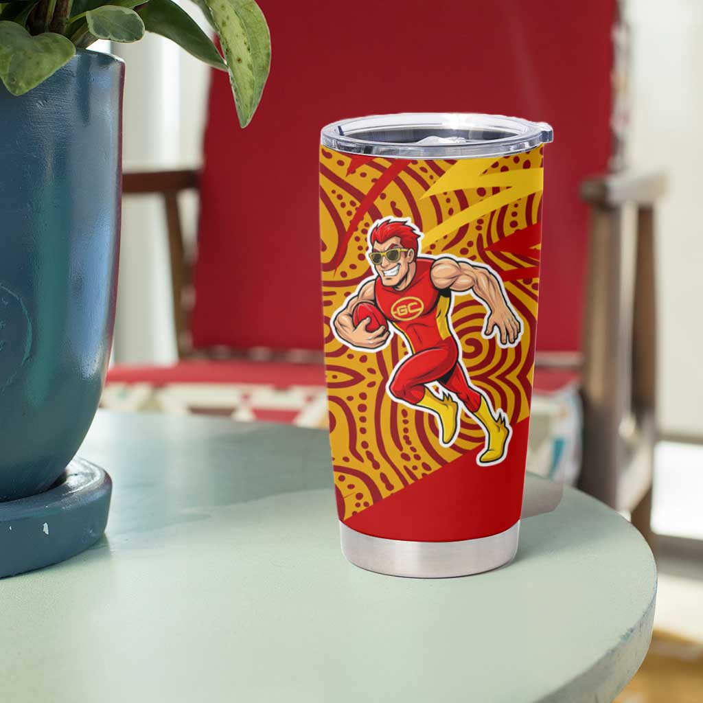 Gold Coast Suns Australian Football Tumbler Cup Sunny Hero Mascot With Indigenous Pattern Art