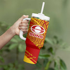 Gold Coast Suns Australian Football Tumbler With Handle Sunny Hero Mascot With Indigenous Pattern Art