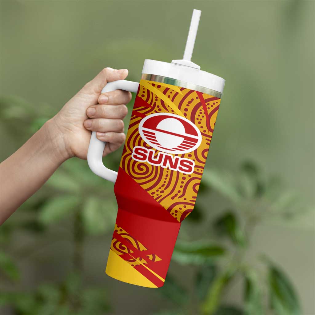 Gold Coast Suns Australian Football Tumbler With Handle Sunny Hero Mascot With Indigenous Pattern Art