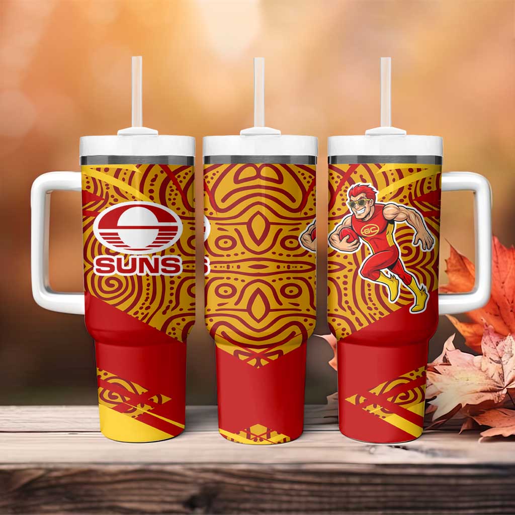 Gold Coast Suns Australian Football Tumbler With Handle Sunny Hero Mascot With Indigenous Pattern Art