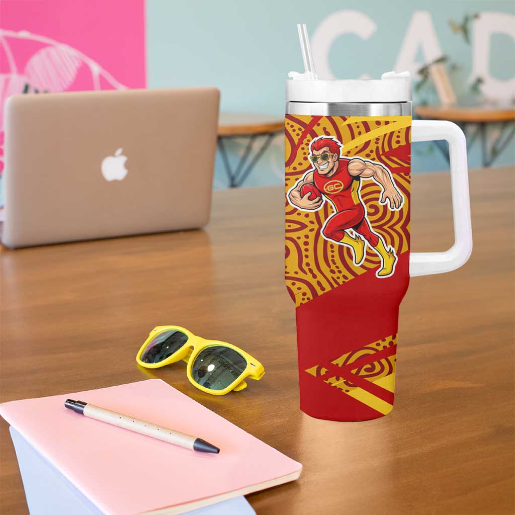 Gold Coast Suns Australian Football Tumbler With Handle Sunny Hero Mascot With Indigenous Pattern Art