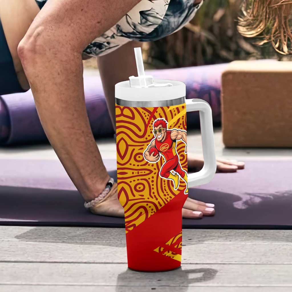 Gold Coast Suns Australian Football Tumbler With Handle Sunny Hero Mascot With Indigenous Pattern Art