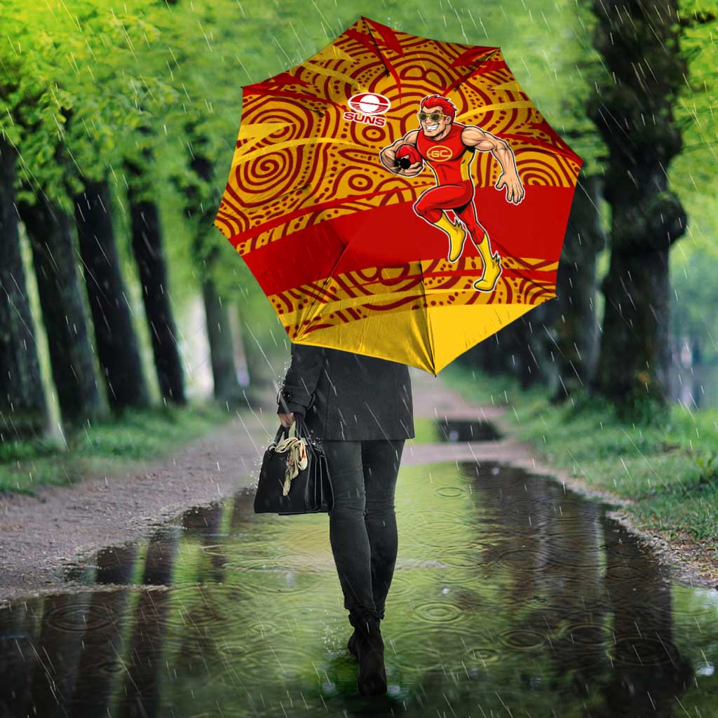 Gold Coast Suns Australian Football Umbrella Sunny Hero Mascot With Indigenous Pattern Art