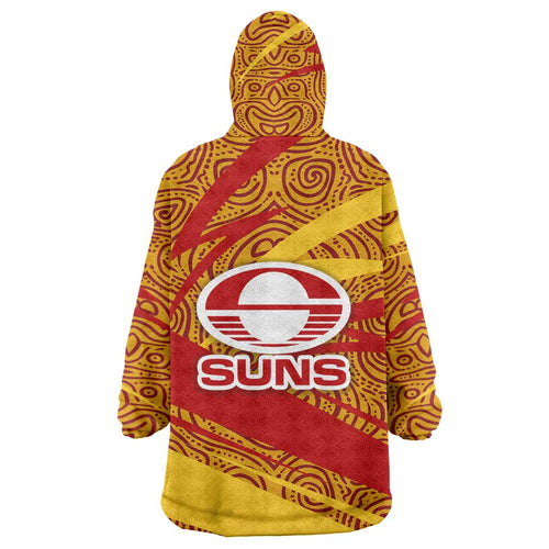 Gold Coast Suns Australian Football Wearable Blanket Hoodie Sunny Hero Mascot With Indigenous Pattern Art