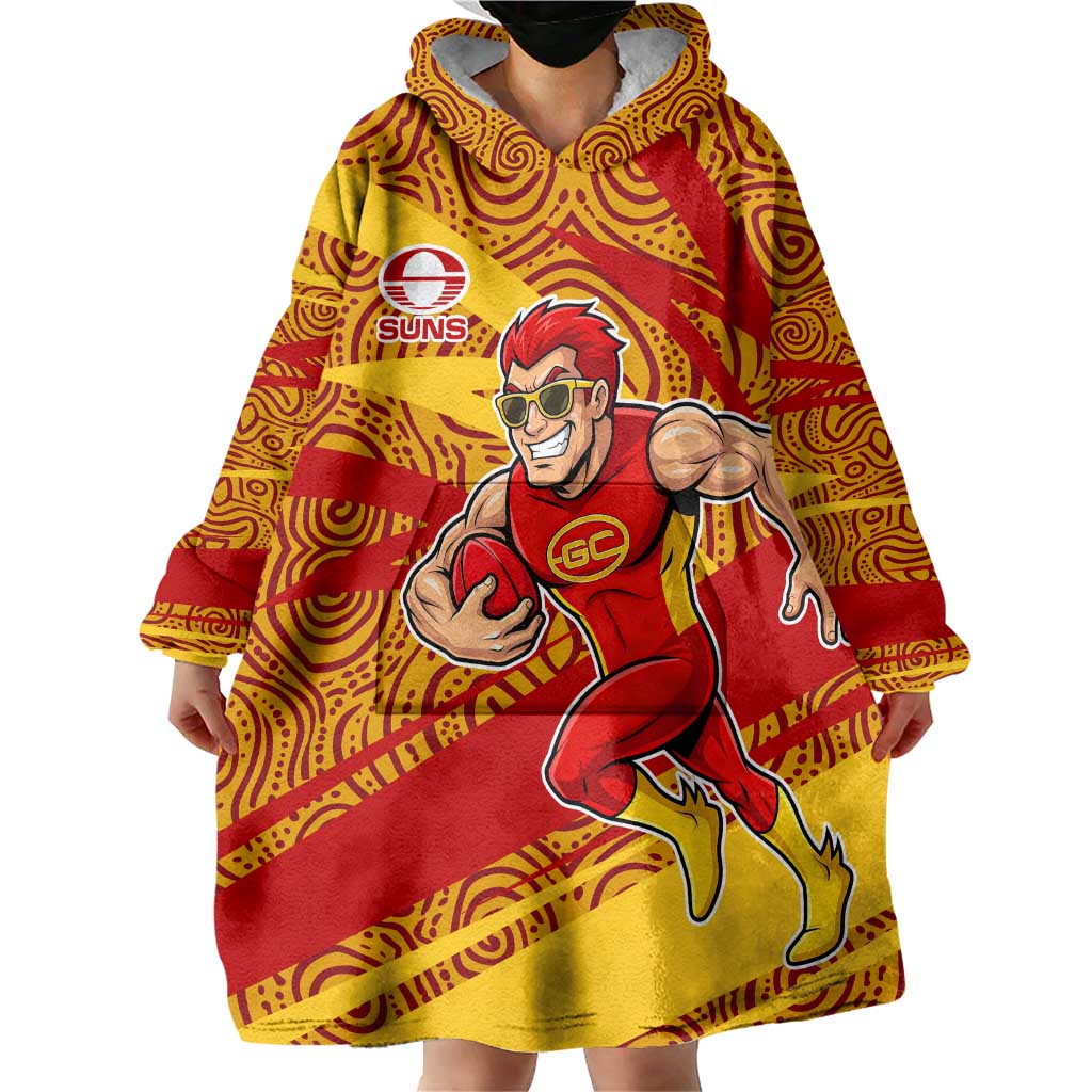 Gold Coast Suns Australian Football Wearable Blanket Hoodie Sunny Hero Mascot With Indigenous Pattern Art