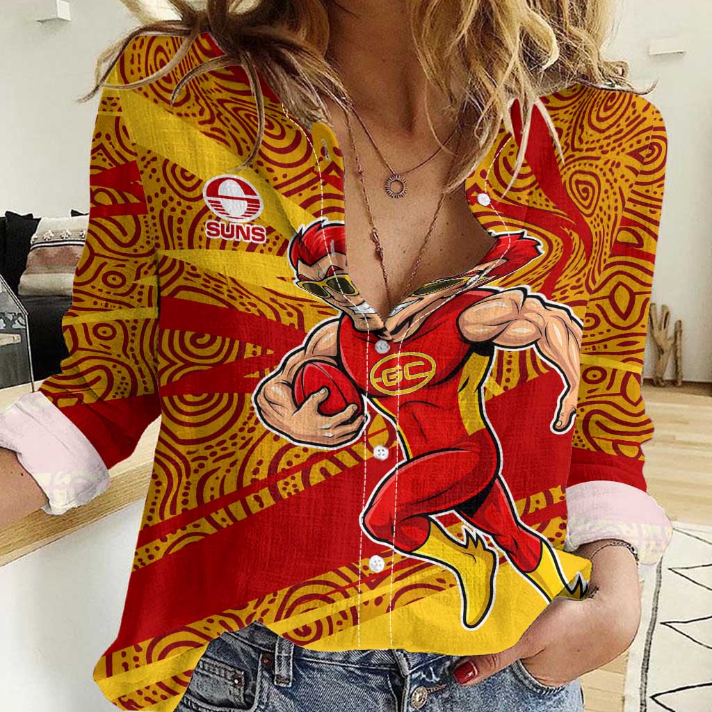 Gold Coast Suns Australian Football Women Casual Shirt Sunny Hero Mascot With Indigenous Pattern Art