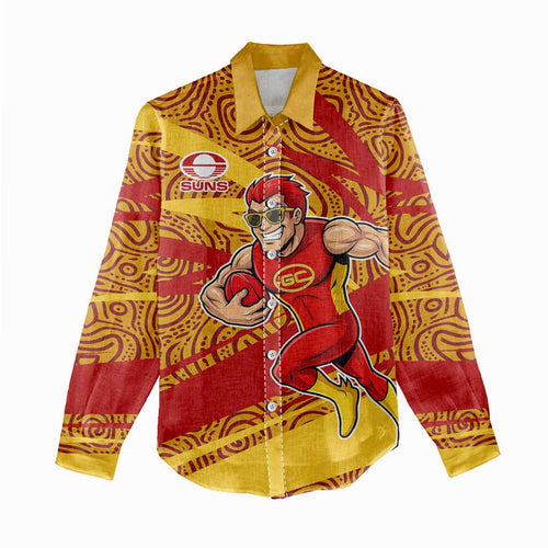 Gold Coast Suns Australian Football Women Casual Shirt Sunny Hero Mascot With Indigenous Pattern Art