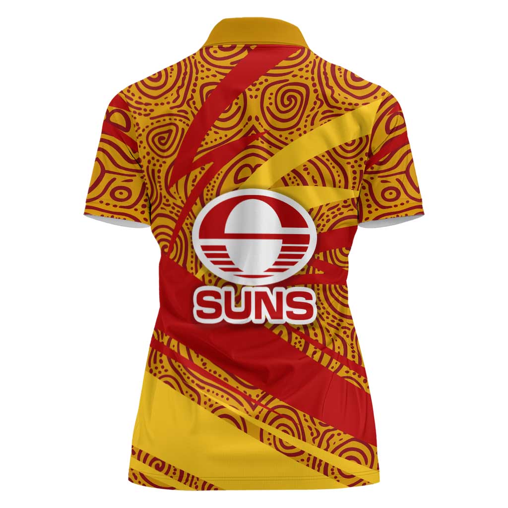 Gold Coast Suns Australian Football Women Polo Shirt Sunny Hero Mascot With Indigenous Pattern Art