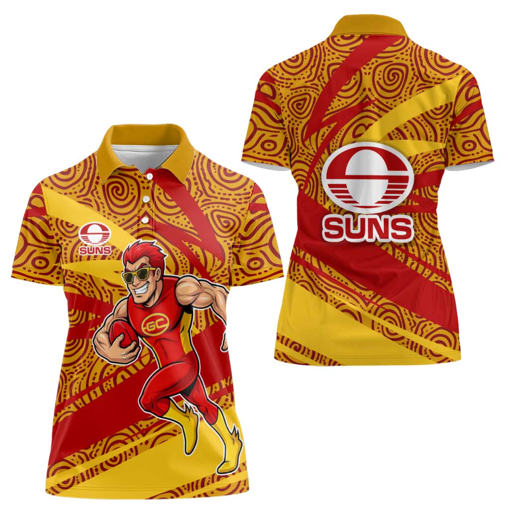 Gold Coast Suns Australian Football Women Polo Shirt Sunny Hero Mascot With Indigenous Pattern Art