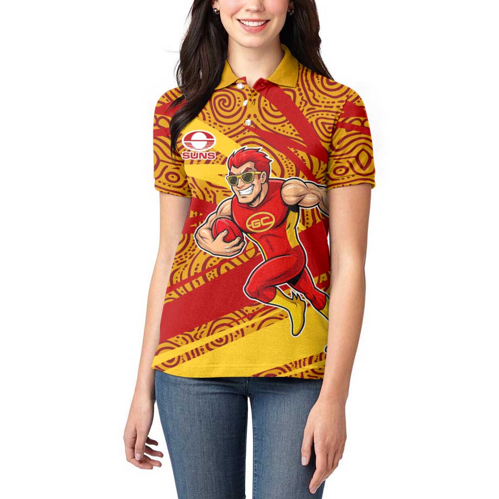 Gold Coast Suns Australian Football Women Polo Shirt Sunny Hero Mascot With Indigenous Pattern Art