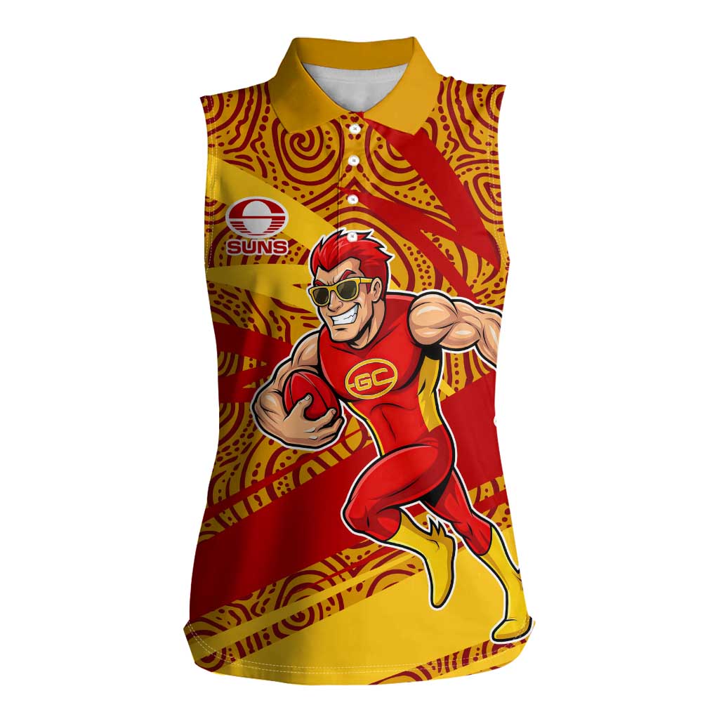 Gold Coast Suns Australian Football Women Sleeveless Polo Shirt Sunny Hero Mascot With Indigenous Pattern Art