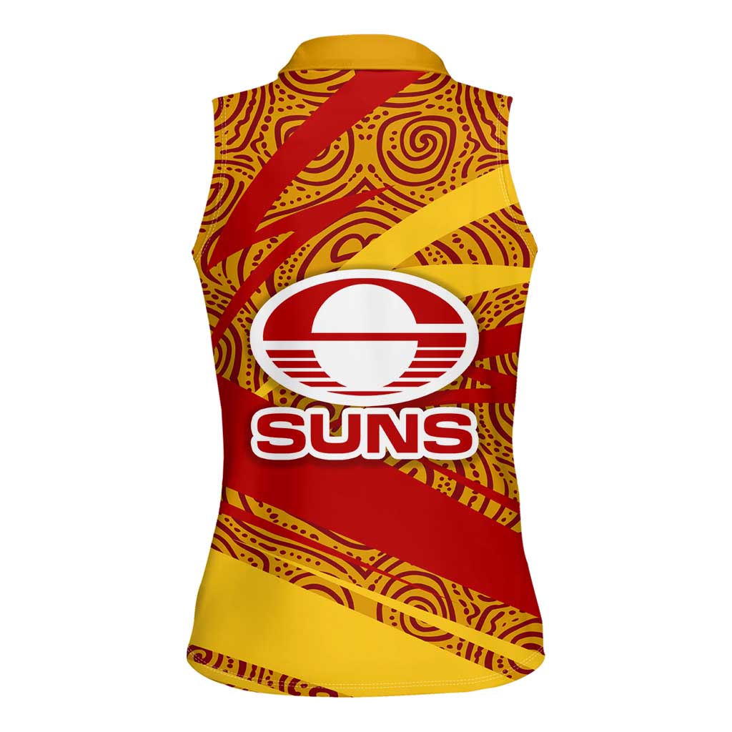 Gold Coast Suns Australian Football Women Sleeveless Polo Shirt Sunny Hero Mascot With Indigenous Pattern Art