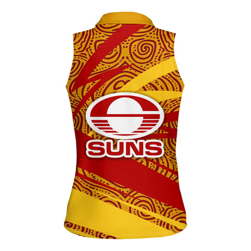 Gold Coast Suns Australian Football Women Sleeveless Polo Shirt Sunny Hero Mascot With Indigenous Pattern Art