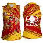 Gold Coast Suns Australian Football Women Sleeveless Polo Shirt Sunny Hero Mascot With Indigenous Pattern Art