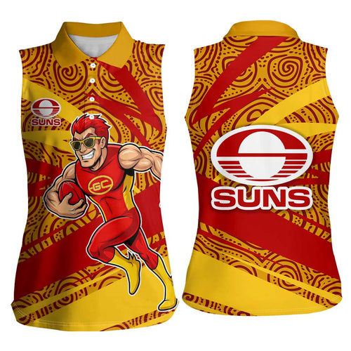Gold Coast Suns Australian Football Women Sleeveless Polo Shirt Sunny Hero Mascot With Indigenous Pattern Art