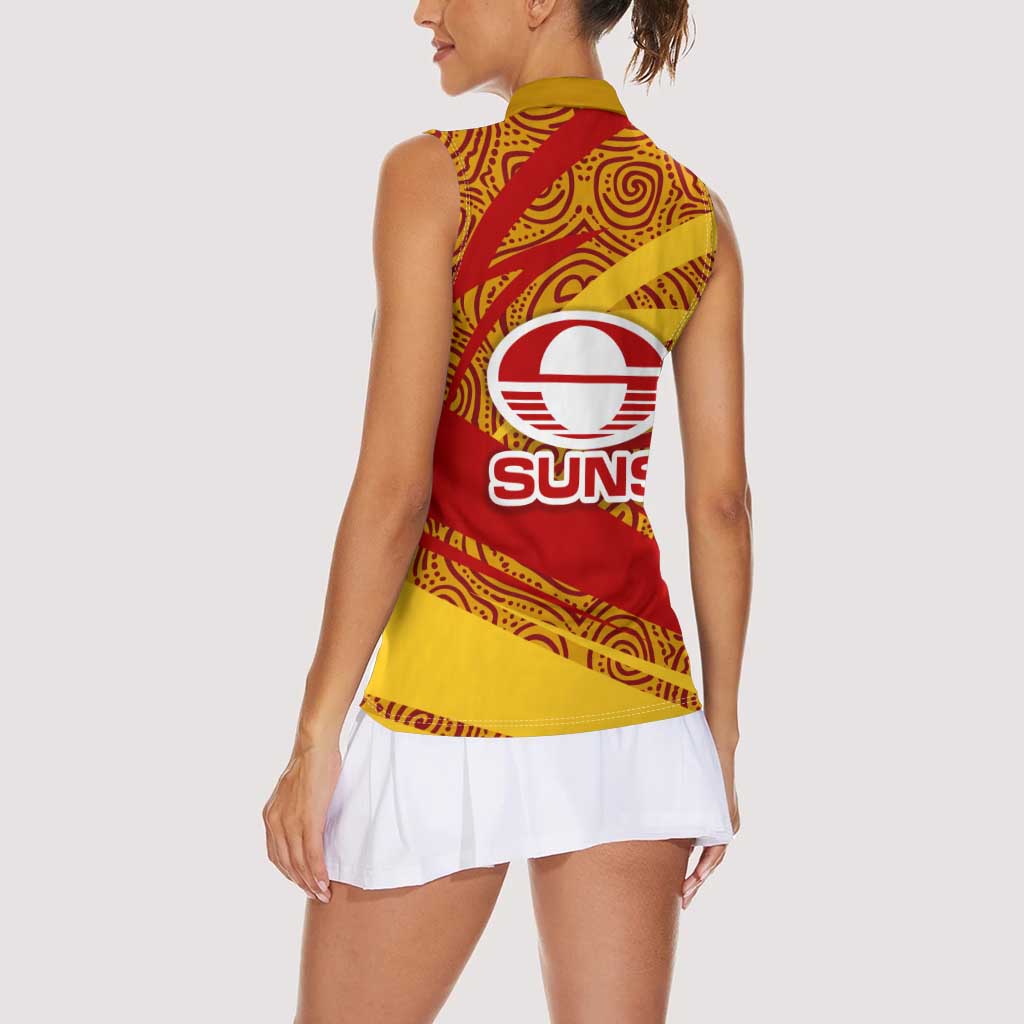 Gold Coast Suns Australian Football Women Sleeveless Polo Shirt Sunny Hero Mascot With Indigenous Pattern Art