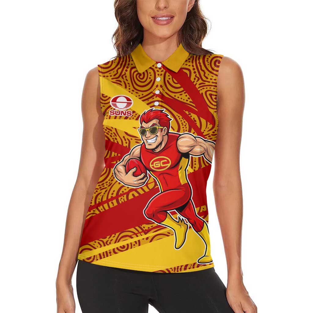 Gold Coast Suns Australian Football Women Sleeveless Polo Shirt Sunny Hero Mascot With Indigenous Pattern Art