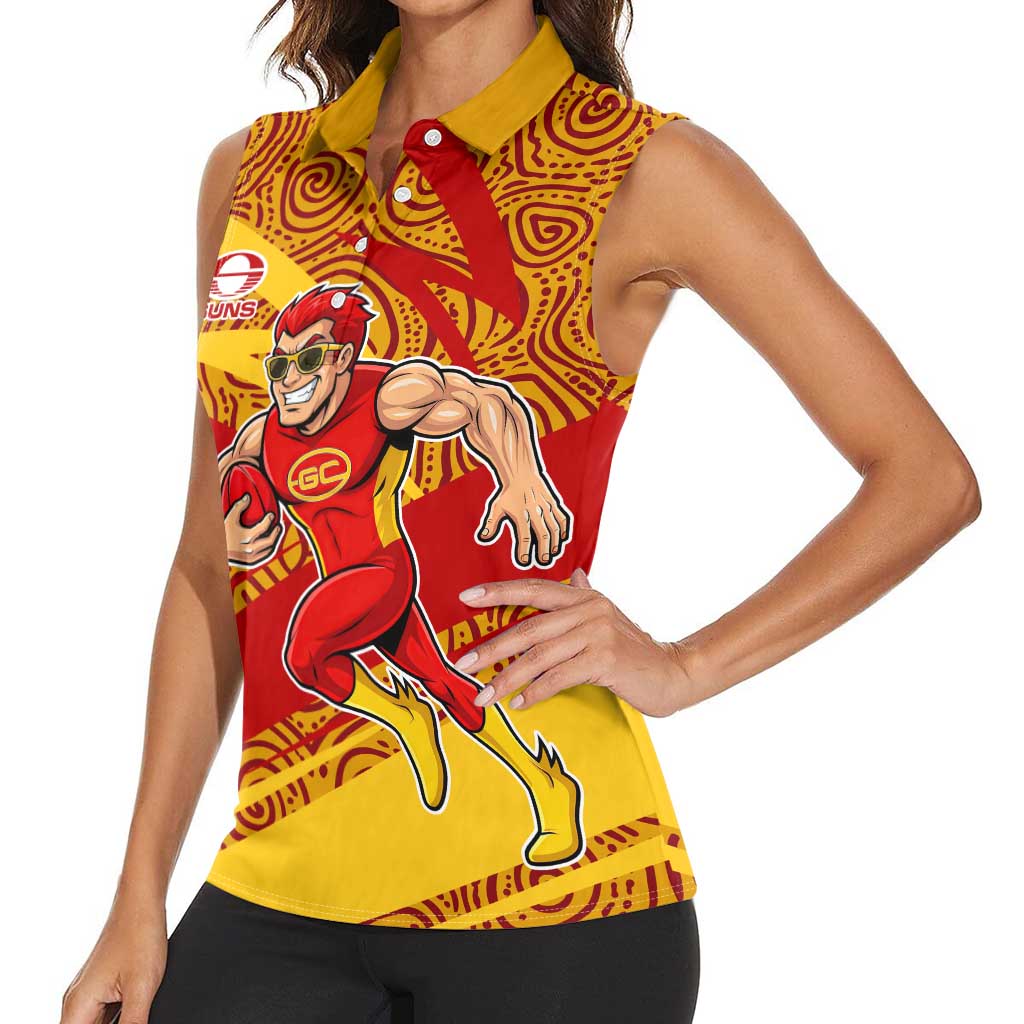 Gold Coast Suns Australian Football Women Sleeveless Polo Shirt Sunny Hero Mascot With Indigenous Pattern Art