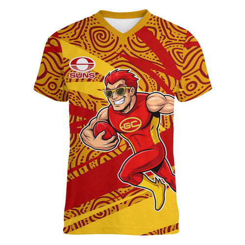Gold Coast Suns Australian Football Women V-Neck T-Shirt Sunny Hero Mascot With Indigenous Pattern Art
