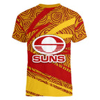 Gold Coast Suns Australian Football Women V-Neck T-Shirt Sunny Hero Mascot With Indigenous Pattern Art