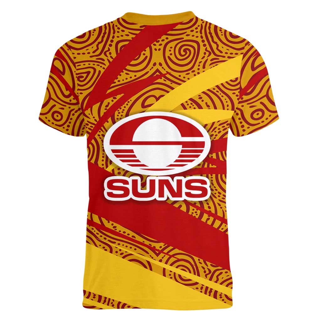 Gold Coast Suns Australian Football Women V-Neck T-Shirt Sunny Hero Mascot With Indigenous Pattern Art
