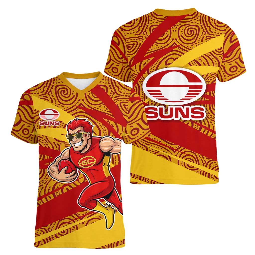 Gold Coast Suns Australian Football Women V-Neck T-Shirt Sunny Hero Mascot With Indigenous Pattern Art