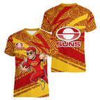 Gold Coast Suns Australian Football Women V-Neck T-Shirt Sunny Hero Mascot With Indigenous Pattern Art