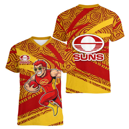 Gold Coast Suns Australian Football Women V-Neck T-Shirt Sunny Hero Mascot With Indigenous Pattern Art