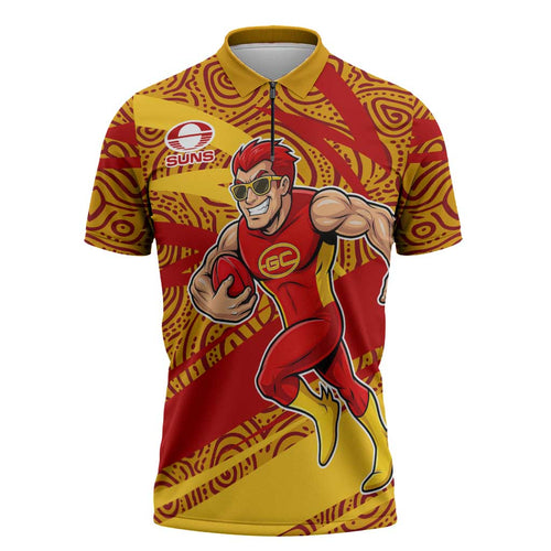 Gold Coast Suns Australian Football Zipper Polo Shirt Sunny Hero Mascot With Indigenous Pattern Art