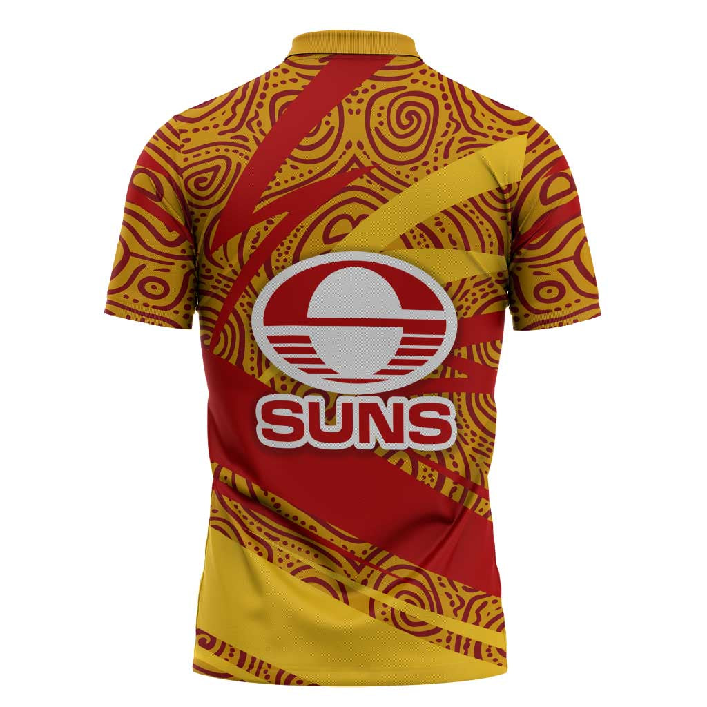 Gold Coast Suns Australian Football Zipper Polo Shirt Sunny Hero Mascot With Indigenous Pattern Art