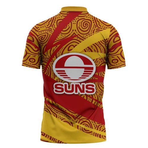 Gold Coast Suns Australian Football Zipper Polo Shirt Sunny Hero Mascot With Indigenous Pattern Art