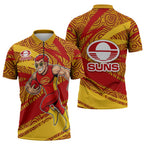 Gold Coast Suns Australian Football Zipper Polo Shirt Sunny Hero Mascot With Indigenous Pattern Art