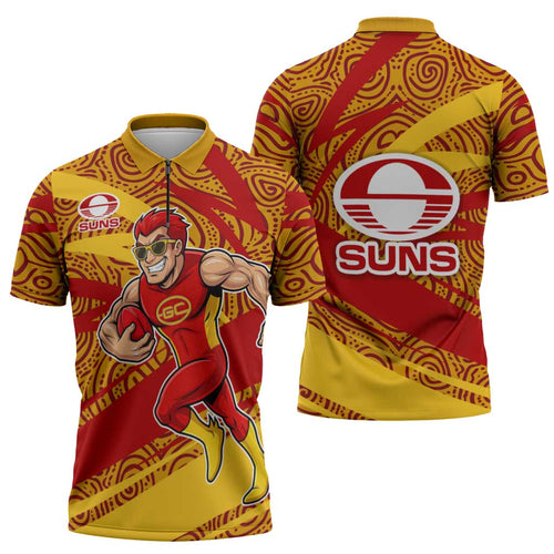 Gold Coast Suns Australian Football Zipper Polo Shirt Sunny Hero Mascot With Indigenous Pattern Art