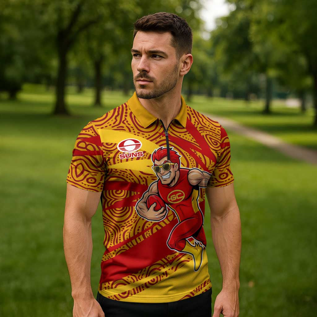 Gold Coast Suns Australian Football Zipper Polo Shirt Sunny Hero Mascot With Indigenous Pattern Art
