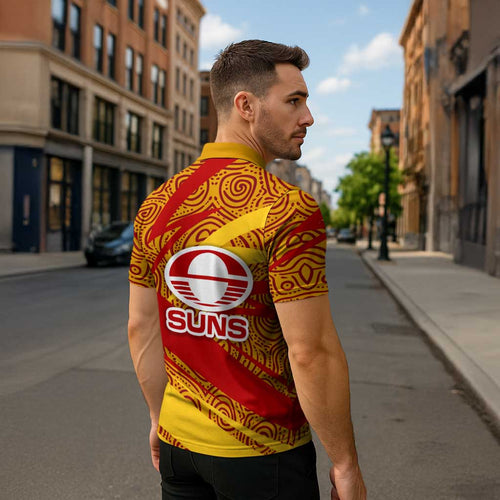 Gold Coast Suns Australian Football Zipper Polo Shirt Sunny Hero Mascot With Indigenous Pattern Art