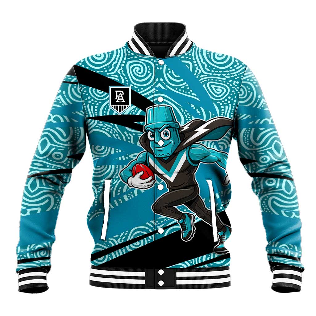 Port Adelaide Australian Football Baseball Jacket Power Hero Mascot With Indigenous Pattern Art
