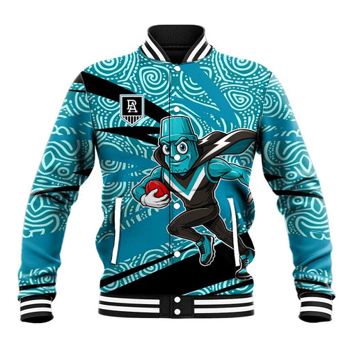 Port Adelaide Australian Football Baseball Jacket Power Hero Mascot With Indigenous Pattern Art